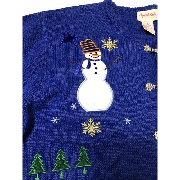 Vintage Crystal Kobe Heavy Knitted Christmas Snowmen Sweater Blue Size Medium - Picture 6 of 9